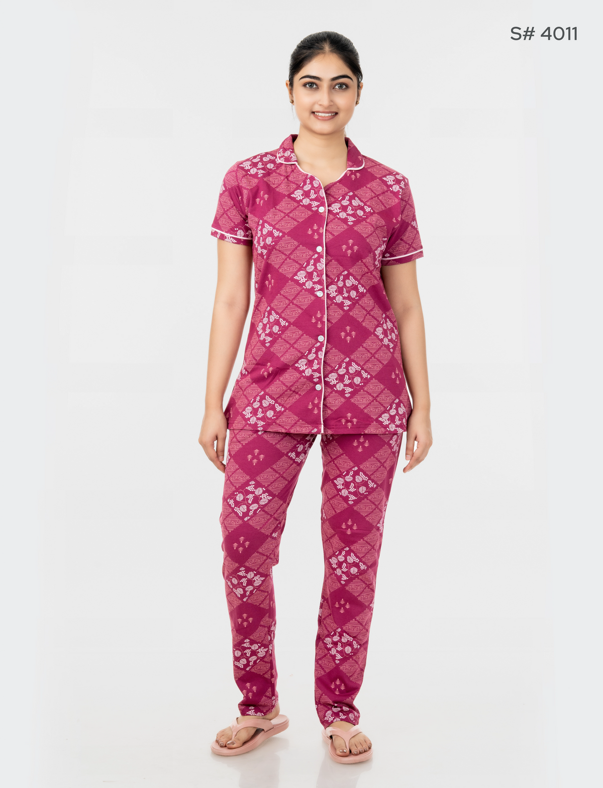 AXD-44 style | S# 4011 | Beet Red | Women’s Printed Front Open Pyjama Set | Shirt Collar Button-Down Night Suit | Short Sleeve Top & Full-Length Pants | Loungewear with Two Pockets