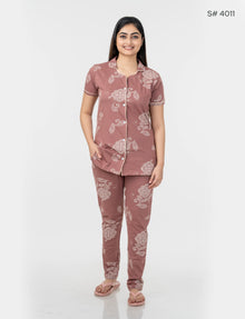AXD-44 style | S# 4011 | Beet Red | Women’s Printed Front Open Pyjama Set | Shirt Collar Button-Down Night Suit | Short Sleeve Top & Full-Length Pants | Loungewear with Two Pockets