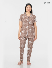 AXD-44 style | S# 4011 | Beet Red | Women’s Printed Front Open Pyjama Set | Shirt Collar Button-Down Night Suit | Short Sleeve Top & Full-Length Pants | Loungewear with Two Pockets