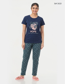 US-102 Pyjama Set | S# 3021 | 100% Cotton Top & Full Pant Combo | Graphic Printed T-Shirt | Soft Elastic Waist Track Pant | Daily Loungewear & Sleepwear