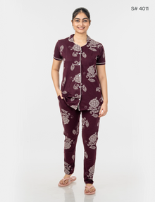 AXD-44 style | S# 4011 | Beet Red | Women’s Printed Front Open Pyjama Set | Shirt Collar Button-Down Night Suit | Short Sleeve Top & Full-Length Pants | Loungewear with Two Pockets