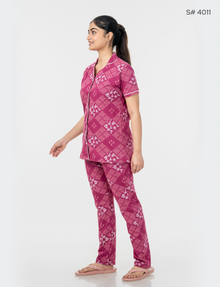 AXD-44 style | S# 4011 | Beet Red | Women’s Printed Front Open Pyjama Set | Shirt Collar Button-Down Night Suit | Short Sleeve Top & Full-Length Pants | Loungewear with Two Pockets