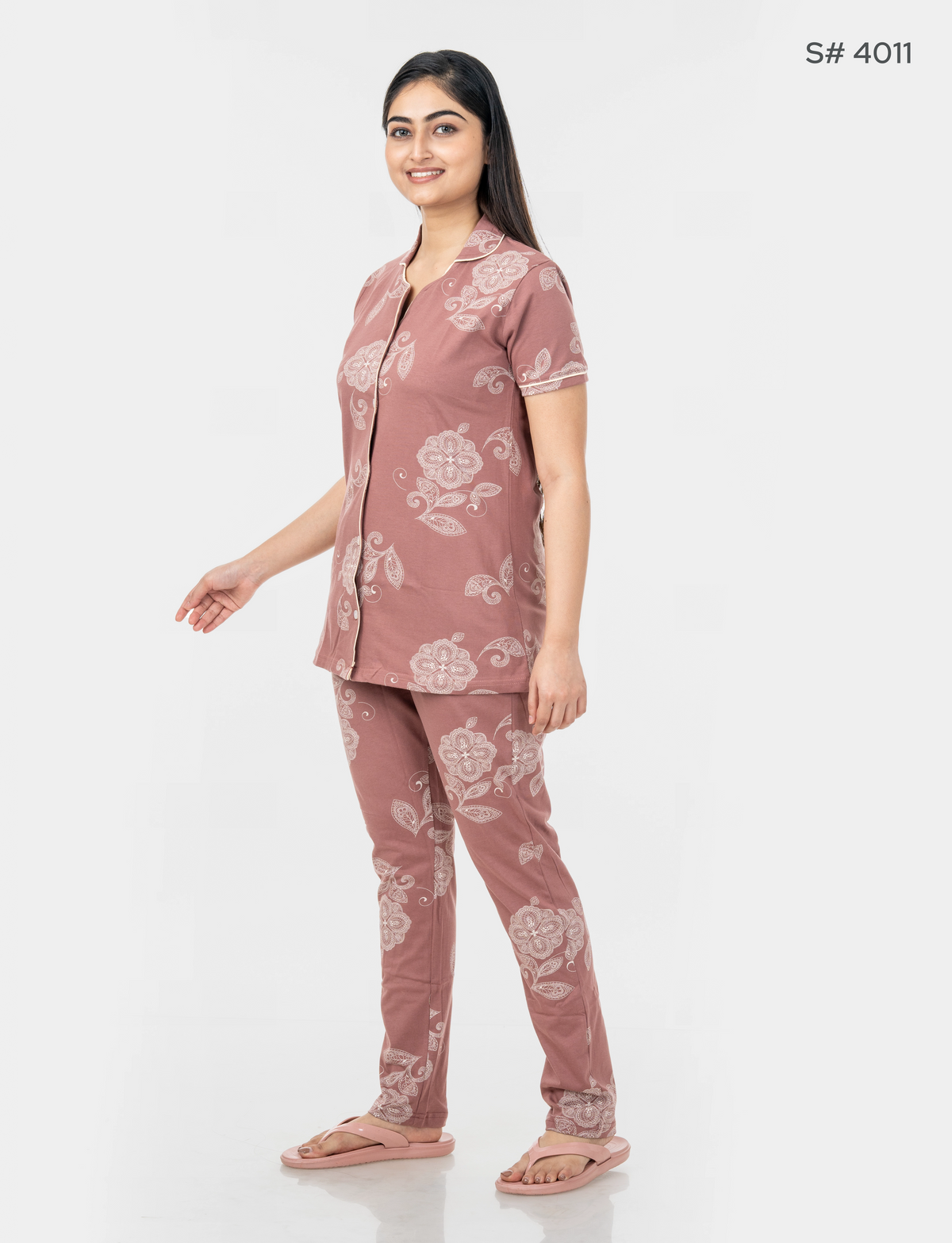 AXD-44 style | S# 4011 | Beet Red | Women’s Printed Front Open Pyjama Set | Shirt Collar Button-Down Night Suit | Short Sleeve Top & Full-Length Pants | Loungewear with Two Pockets