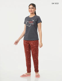 US-102 Pyjama Set | S# 3021 | 100% Cotton Top & Full Pant Combo | Graphic Printed T-Shirt | Soft Elastic Waist Track Pant | Daily Loungewear & Sleepwear
