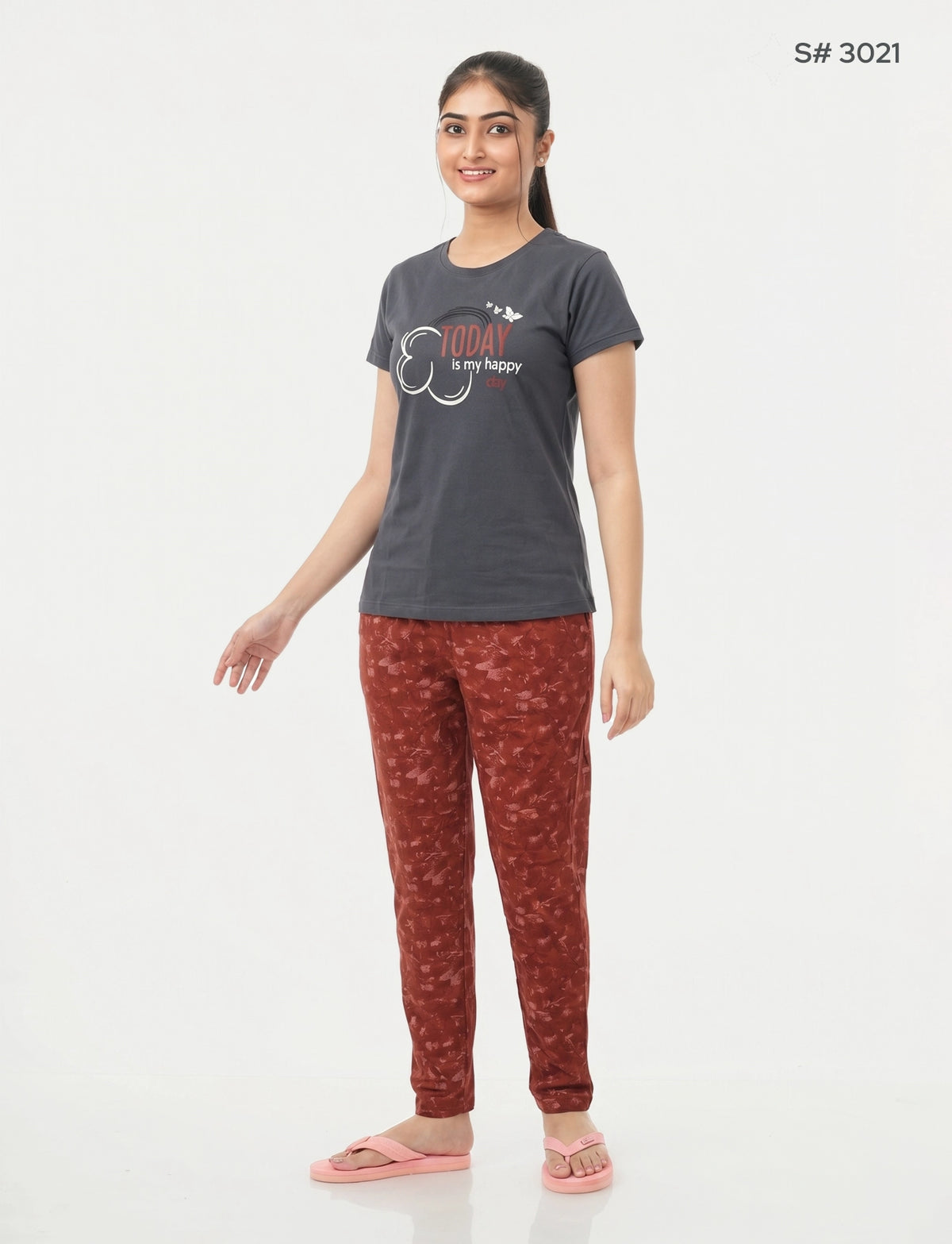 US-102 Pyjama Set | S# 3021 | 100% Cotton Top & Full Pant Combo | Graphic Printed T-Shirt | Soft Elastic Waist Track Pant | Daily Loungewear & Sleepwear