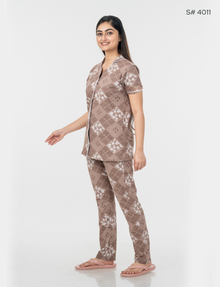 AXD-44 style | S# 4011 | Beet Red | Women’s Printed Front Open Pyjama Set | Shirt Collar Button-Down Night Suit | Short Sleeve Top & Full-Length Pants | Loungewear with Two Pockets