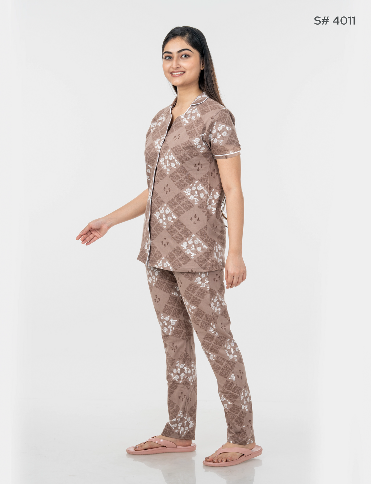 AXD-44 style | S# 4011 | Beet Red | Women’s Printed Front Open Pyjama Set | Shirt Collar Button-Down Night Suit | Short Sleeve Top & Full-Length Pants | Loungewear with Two Pockets