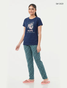 US-102 Pyjama Set | S# 3021 | 100% Cotton Top & Full Pant Combo | Graphic Printed T-Shirt | Soft Elastic Waist Track Pant | Daily Loungewear & Sleepwear