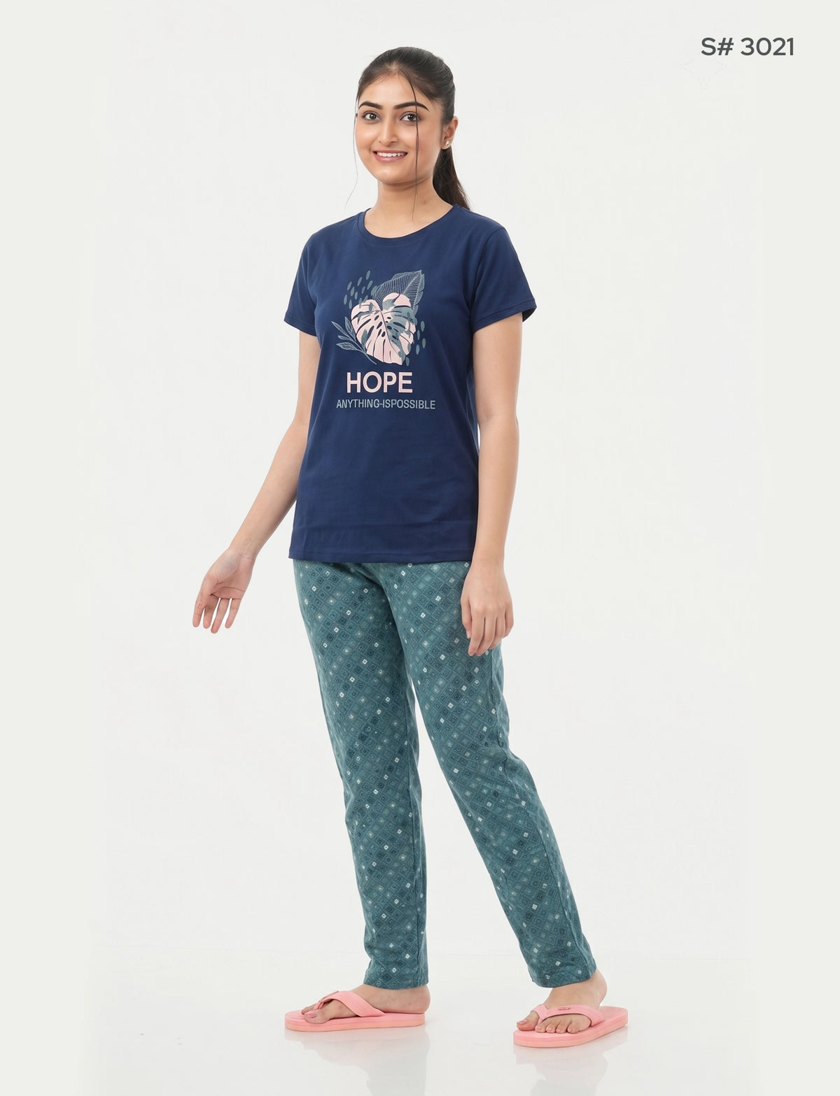 US-102 Pyjama Set | S# 3021 | 100% Cotton Top & Full Pant Combo | Graphic Printed T-Shirt | Soft Elastic Waist Track Pant | Daily Loungewear & Sleepwear