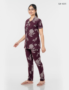 AXD-44 style | S# 4011 | Beet Red | Women’s Printed Front Open Pyjama Set | Shirt Collar Button-Down Night Suit | Short Sleeve Top & Full-Length Pants | Loungewear with Two Pockets