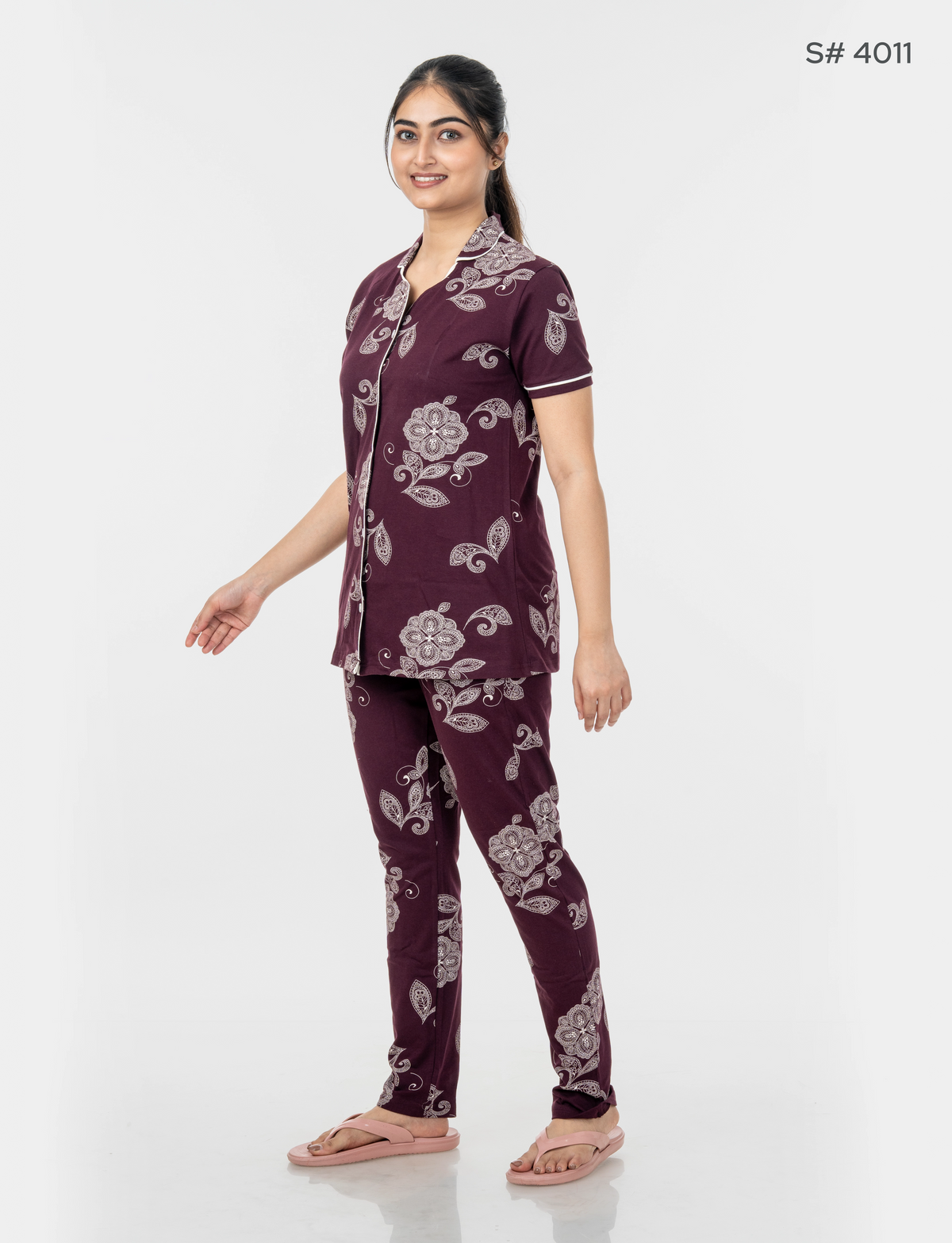 AXD-44 style | S# 4011 | Beet Red | Women’s Printed Front Open Pyjama Set | Shirt Collar Button-Down Night Suit | Short Sleeve Top & Full-Length Pants | Loungewear with Two Pockets