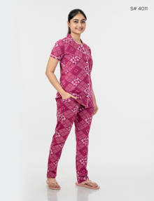 AXD-44 style | S# 4011 | Beet Red | Women’s Printed Front Open Pyjama Set | Shirt Collar Button-Down Night Suit | Short Sleeve Top & Full-Length Pants | Loungewear with Two Pockets