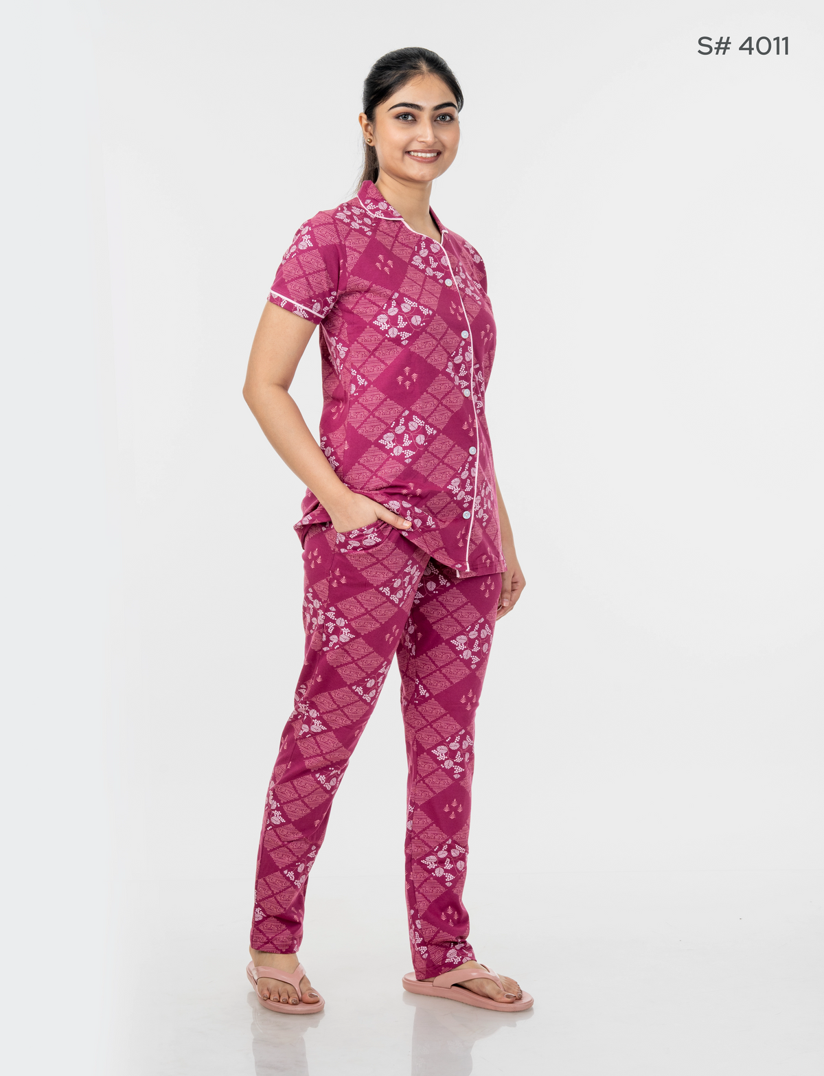 AXD-44 style | S# 4011 | Beet Red | Women’s Printed Front Open Pyjama Set | Shirt Collar Button-Down Night Suit | Short Sleeve Top & Full-Length Pants | Loungewear with Two Pockets