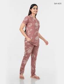 AXD-44 style | S# 4011 | Beet Red | Women’s Printed Front Open Pyjama Set | Shirt Collar Button-Down Night Suit | Short Sleeve Top & Full-Length Pants | Loungewear with Two Pockets