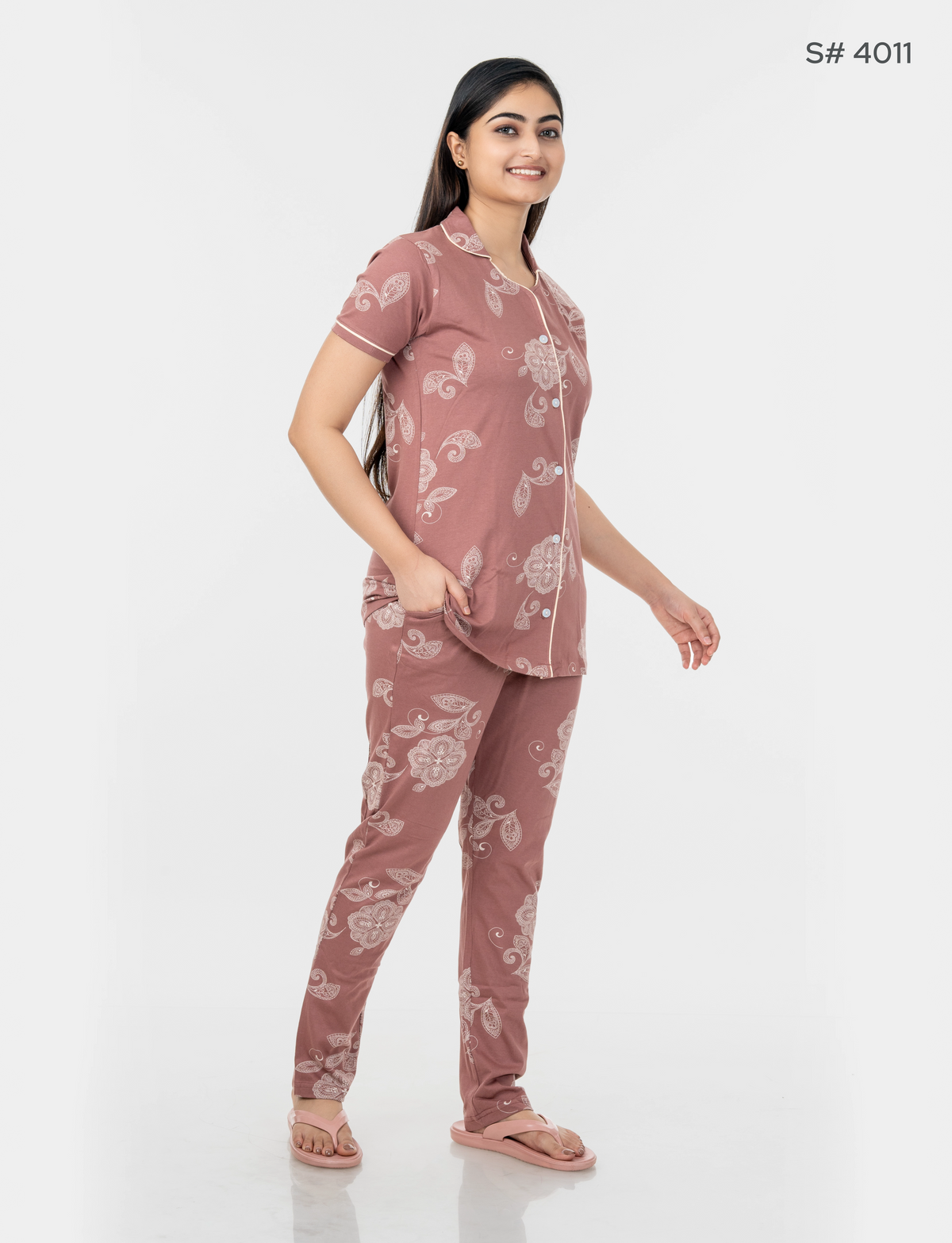AXD-44 style | S# 4011 | Beet Red | Women’s Printed Front Open Pyjama Set | Shirt Collar Button-Down Night Suit | Short Sleeve Top & Full-Length Pants | Loungewear with Two Pockets