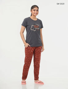 US-102 Pyjama Set | S# 3021 | 100% Cotton Top & Full Pant Combo | Graphic Printed T-Shirt | Soft Elastic Waist Track Pant | Daily Loungewear & Sleepwear