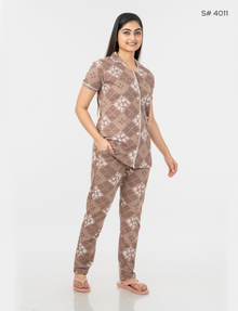 AXD-44 style | S# 4011 | Beet Red | Women’s Printed Front Open Pyjama Set | Shirt Collar Button-Down Night Suit | Short Sleeve Top & Full-Length Pants | Loungewear with Two Pockets