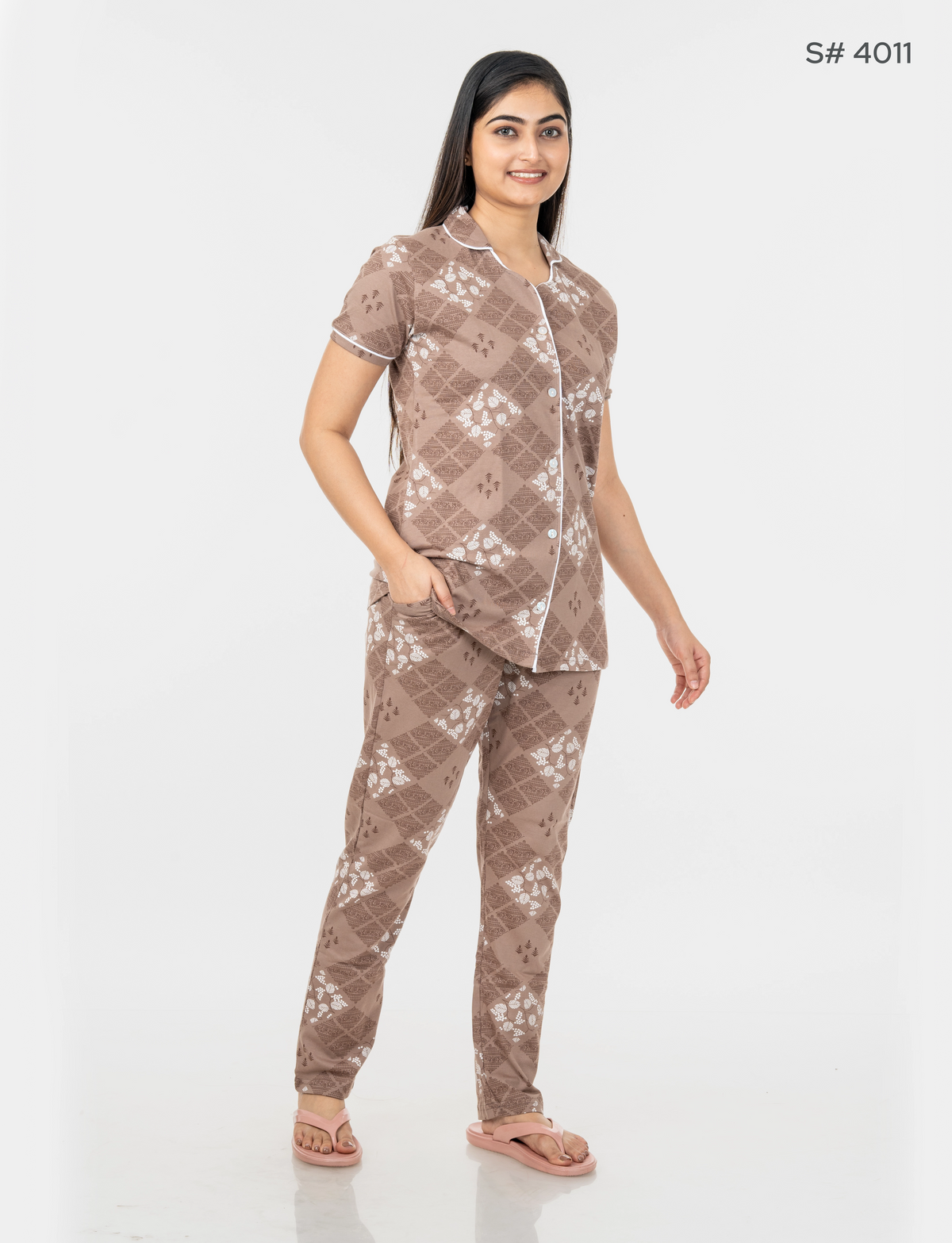 AXD-44 style | S# 4011 | Beet Red | Women’s Printed Front Open Pyjama Set | Shirt Collar Button-Down Night Suit | Short Sleeve Top & Full-Length Pants | Loungewear with Two Pockets