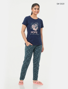 US-102 Pyjama Set | S# 3021 | 100% Cotton Top & Full Pant Combo | Graphic Printed T-Shirt | Soft Elastic Waist Track Pant | Daily Loungewear & Sleepwear