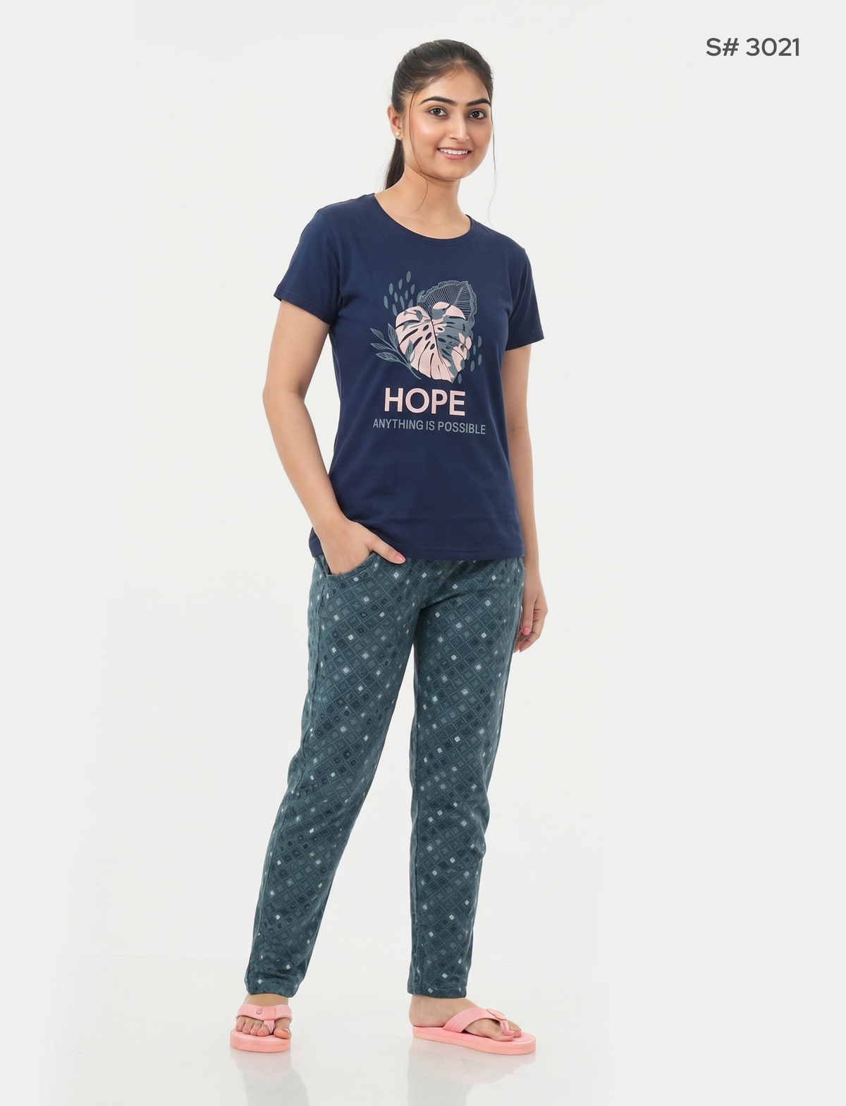 US-102 Pyjama Set | S# 3021 | 100% Cotton Top & Full Pant Combo | Graphic Printed T-Shirt | Soft Elastic Waist Track Pant | Daily Loungewear & Sleepwear