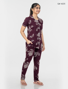 AXD-44 style | S# 4011 | Beet Red | Women’s Printed Front Open Pyjama Set | Shirt Collar Button-Down Night Suit | Short Sleeve Top & Full-Length Pants | Loungewear with Two Pockets