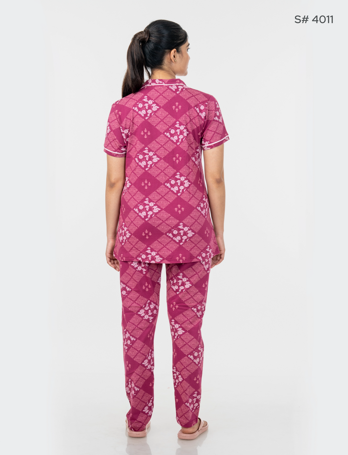AXD-44 style | S# 4011 | Beet Red | Women’s Printed Front Open Pyjama Set | Shirt Collar Button-Down Night Suit | Short Sleeve Top & Full-Length Pants | Loungewear with Two Pockets
