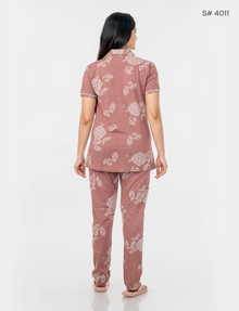 AXD-44 style | S# 4011 | Beet Red | Women’s Printed Front Open Pyjama Set | Shirt Collar Button-Down Night Suit | Short Sleeve Top & Full-Length Pants | Loungewear with Two Pockets