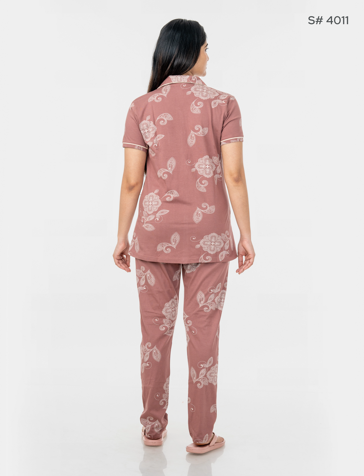 AXD-44 style | S# 4011 | Beet Red | Women’s Printed Front Open Pyjama Set | Shirt Collar Button-Down Night Suit | Short Sleeve Top & Full-Length Pants | Loungewear with Two Pockets