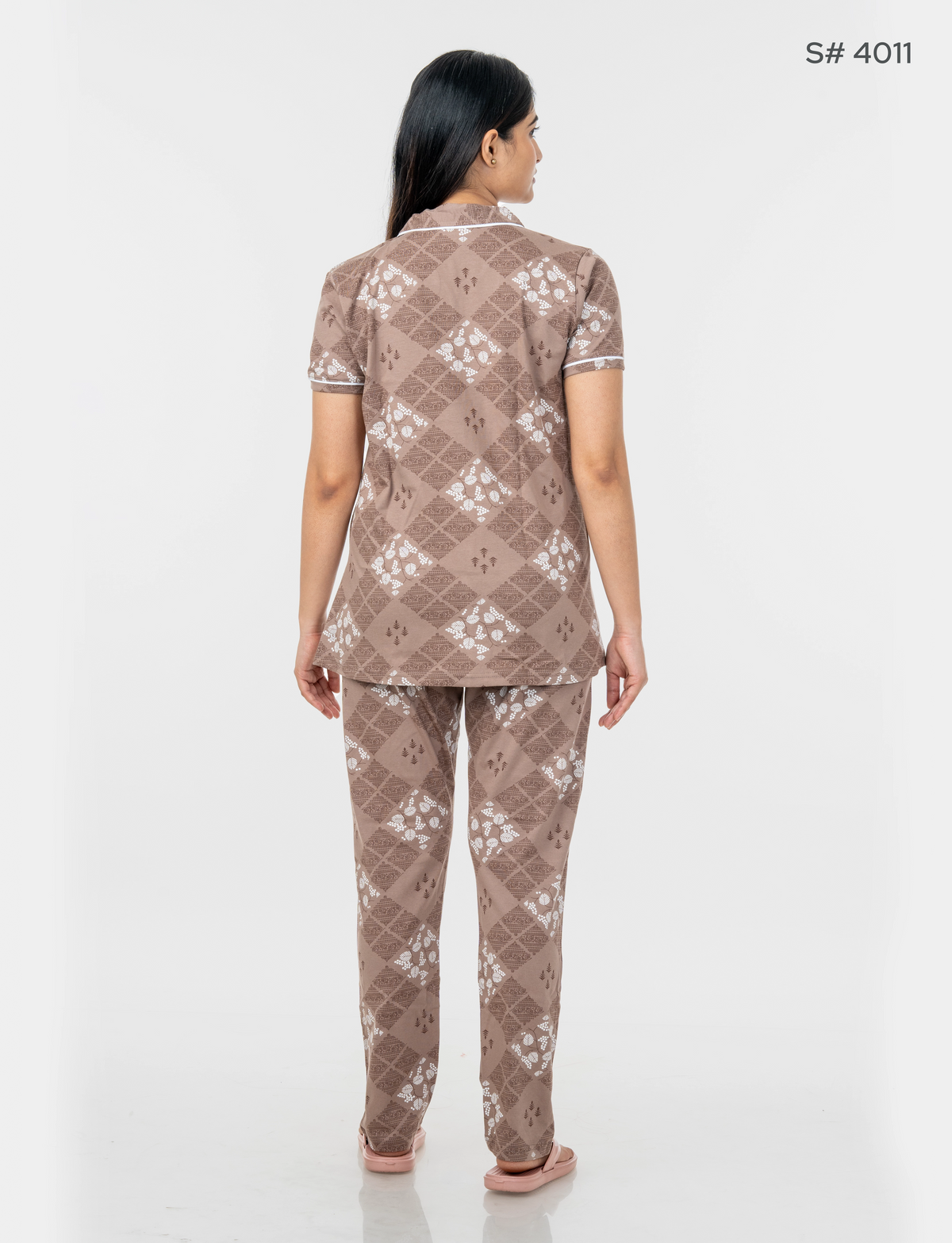 AXD-44 style | S# 4011 | Beet Red | Women’s Printed Front Open Pyjama Set | Shirt Collar Button-Down Night Suit | Short Sleeve Top & Full-Length Pants | Loungewear with Two Pockets