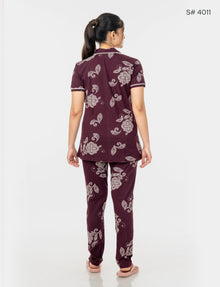 AXD-44 style | S# 4011 | Beet Red | Women’s Printed Front Open Pyjama Set | Shirt Collar Button-Down Night Suit | Short Sleeve Top & Full-Length Pants | Loungewear with Two Pockets