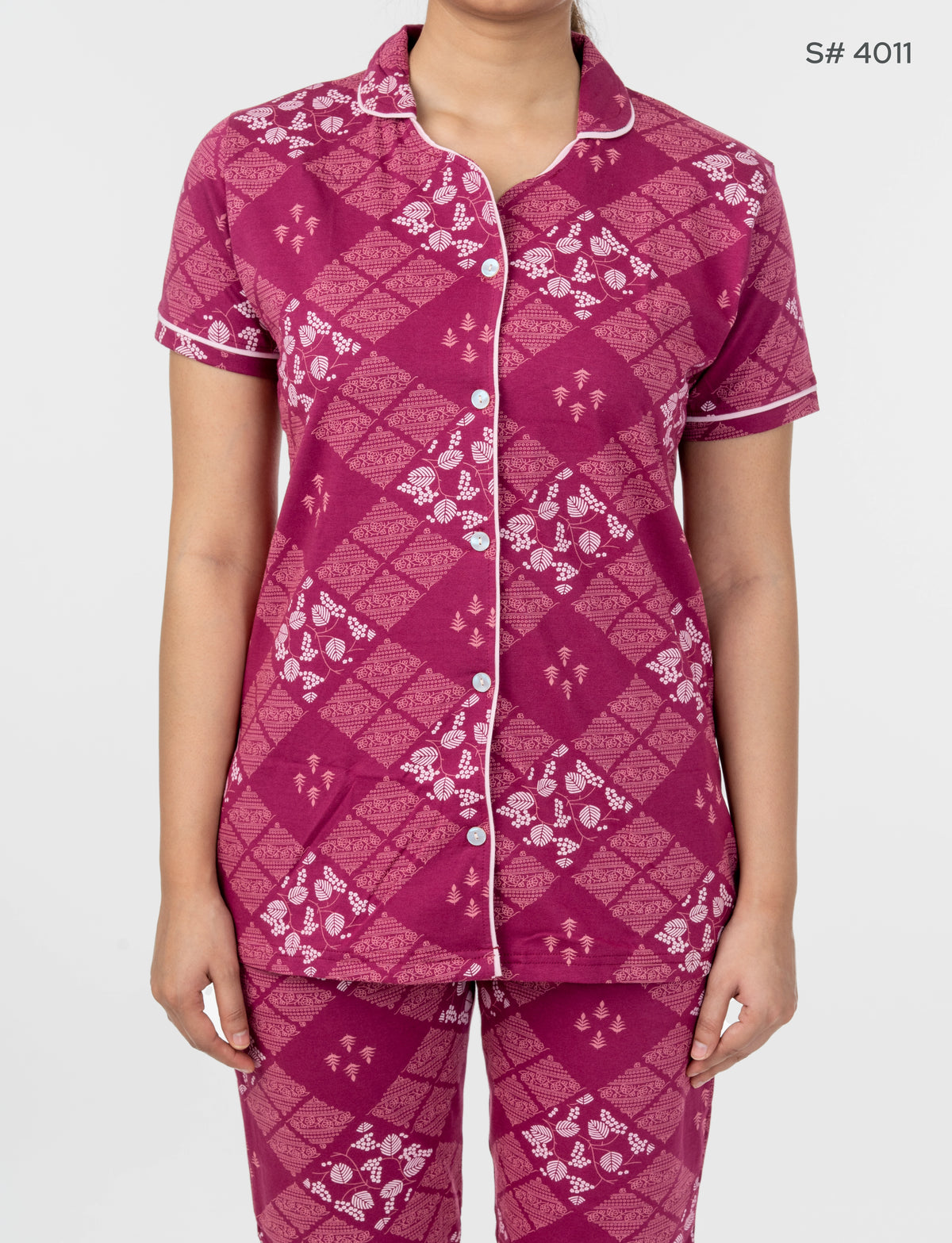 AXD-44 style | S# 4011 | Beet Red | Women’s Printed Front Open Pyjama Set | Shirt Collar Button-Down Night Suit | Short Sleeve Top & Full-Length Pants | Loungewear with Two Pockets
