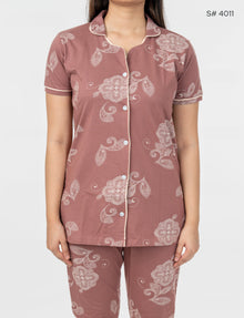 AXD-44 style | S# 4011 | Beet Red | Women’s Printed Front Open Pyjama Set | Shirt Collar Button-Down Night Suit | Short Sleeve Top & Full-Length Pants | Loungewear with Two Pockets