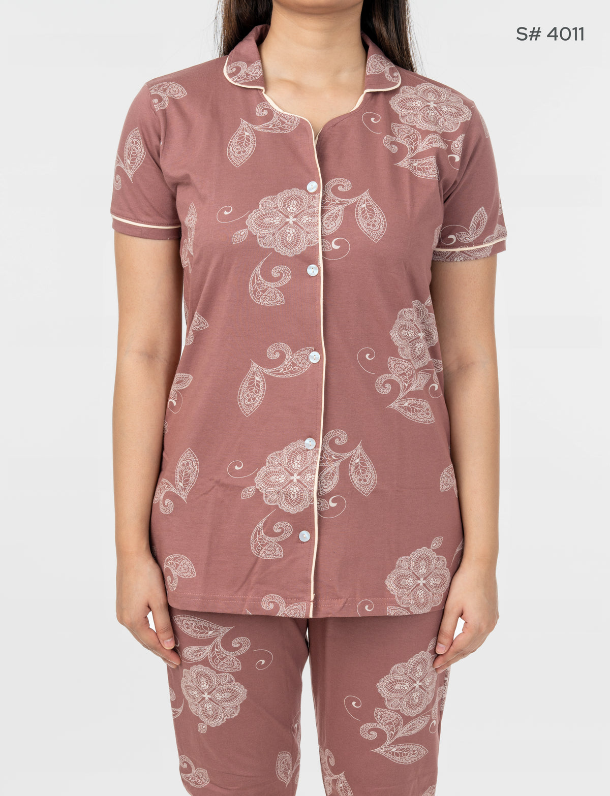 AXD-44 style | S# 4011 | Beet Red | Women’s Printed Front Open Pyjama Set | Shirt Collar Button-Down Night Suit | Short Sleeve Top & Full-Length Pants | Loungewear with Two Pockets