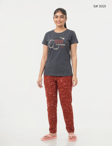 US-102 Pyjama Set | S# 3021 | 100% Cotton Top & Full Pant Combo | Graphic Printed T-Shirt | Soft Elastic Waist Track Pant | Daily Loungewear & Sleepwear