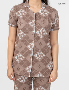 AXD-44 style | S# 4011 | Beet Red | Women’s Printed Front Open Pyjama Set | Shirt Collar Button-Down Night Suit | Short Sleeve Top & Full-Length Pants | Loungewear with Two Pockets
