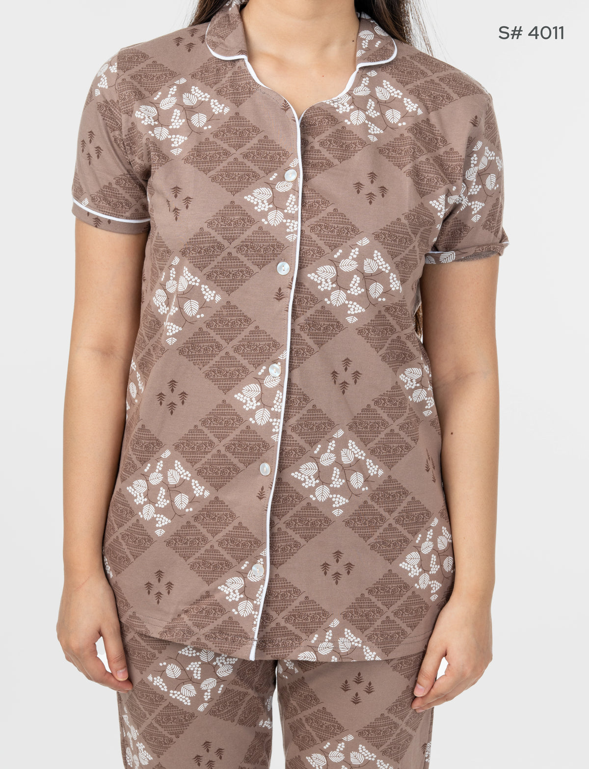 AXD-44 style | S# 4011 | Beet Red | Women’s Printed Front Open Pyjama Set | Shirt Collar Button-Down Night Suit | Short Sleeve Top & Full-Length Pants | Loungewear with Two Pockets