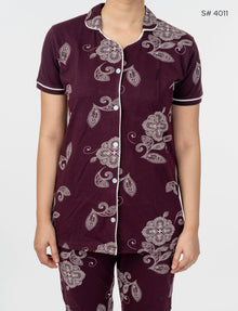 AXD-44 style | S# 4011 | Beet Red | Women’s Printed Front Open Pyjama Set | Shirt Collar Button-Down Night Suit | Short Sleeve Top & Full-Length Pants | Loungewear with Two Pockets