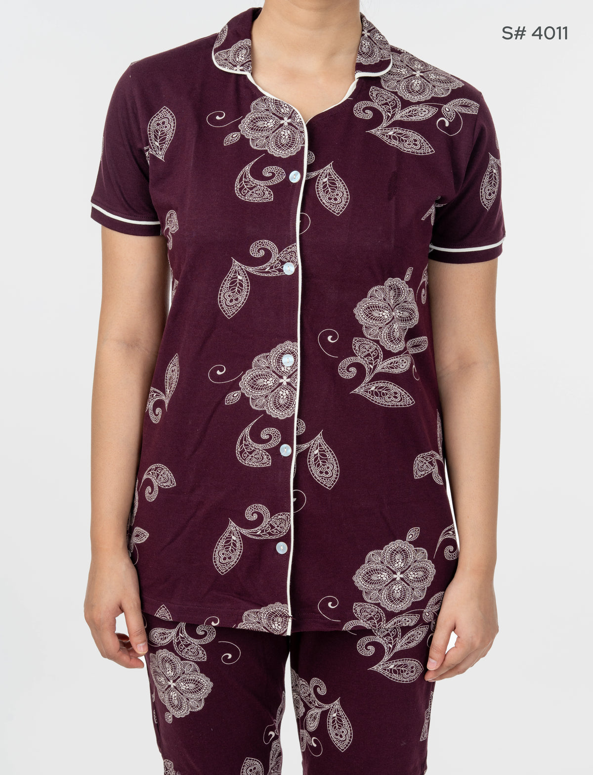 AXD-44 style | S# 4011 | Beet Red | Women’s Printed Front Open Pyjama Set | Shirt Collar Button-Down Night Suit | Short Sleeve Top & Full-Length Pants | Loungewear with Two Pockets