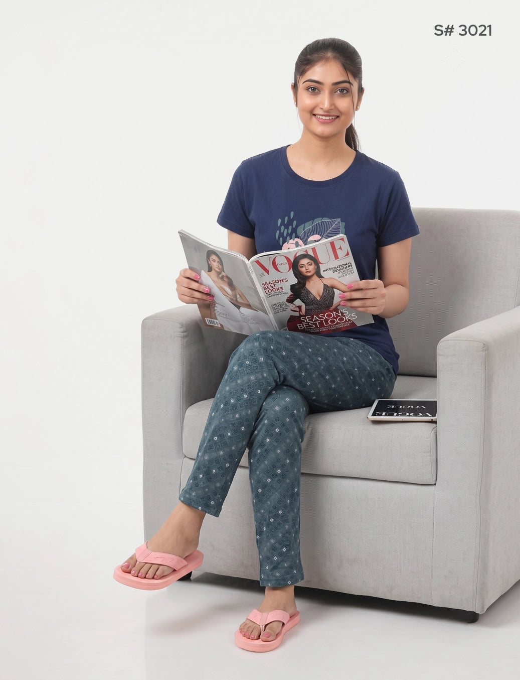 US-102 Pyjama Set | S# 3021 | 100% Cotton Top & Full Pant Combo | Graphic Printed T-Shirt | Soft Elastic Waist Track Pant | Daily Loungewear & Sleepwear