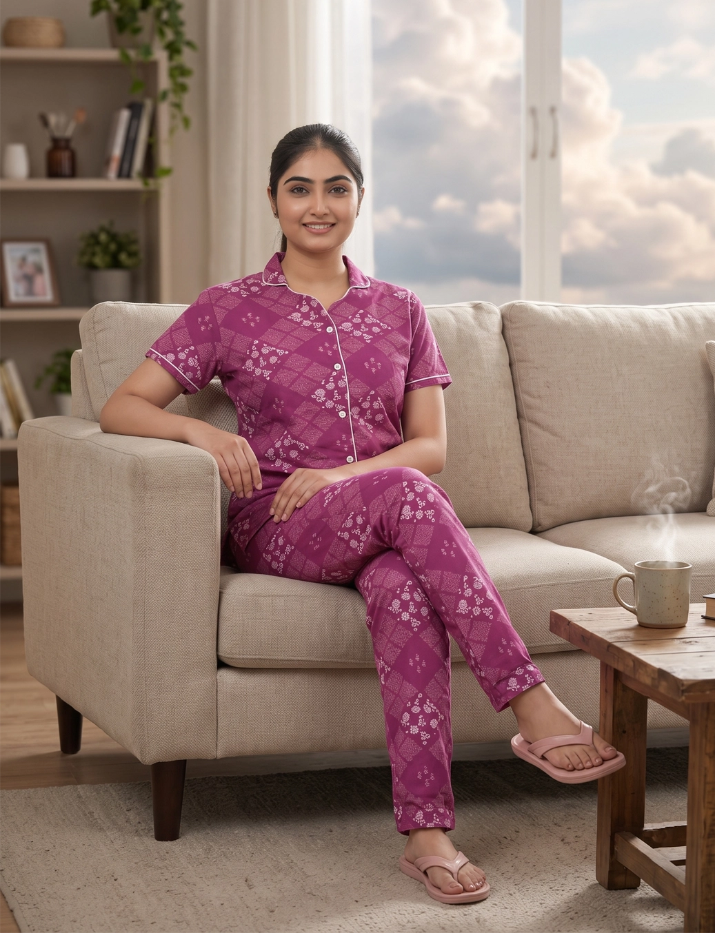 AXD-44 style | S# 4011 | Beet Red | Women’s Printed Front Open Pyjama Set | Shirt Collar Button-Down Night Suit | Short Sleeve Top & Full-Length Pants | Loungewear with Two Pockets