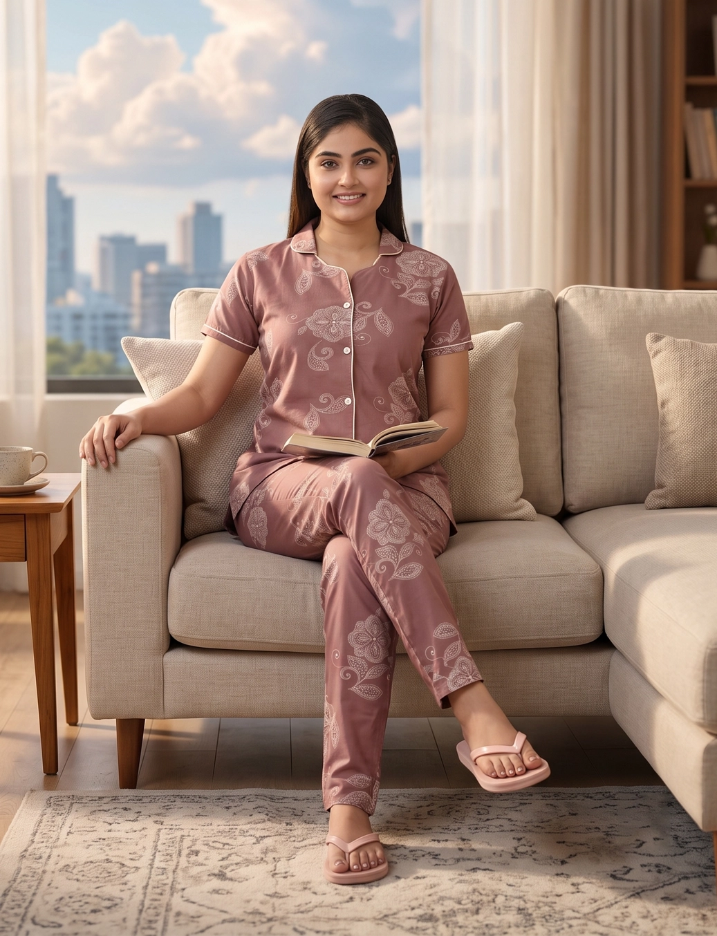 AXD-44 style | S# 4011 | Beet Red | Women’s Printed Front Open Pyjama Set | Shirt Collar Button-Down Night Suit | Short Sleeve Top & Full-Length Pants | Loungewear with Two Pockets