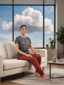 US-102 Pyjama Set | S# 3021 | 100% Cotton Top & Full Pant Combo | Graphic Printed T-Shirt | Soft Elastic Waist Track Pant | Daily Loungewear & Sleepwear