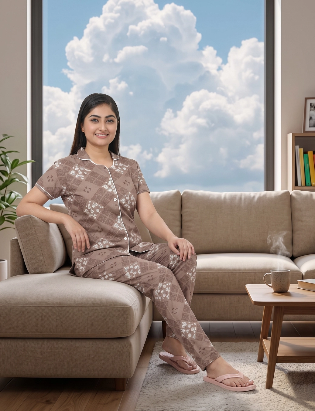 AXD-44 style | S# 4011 | Beet Red | Women’s Printed Front Open Pyjama Set | Shirt Collar Button-Down Night Suit | Short Sleeve Top & Full-Length Pants | Loungewear with Two Pockets