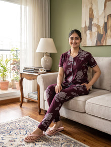 AXD-44 style | S# 4011 | Beet Red | Women’s Printed Front Open Pyjama Set | Shirt Collar Button-Down Night Suit | Short Sleeve Top & Full-Length Pants | Loungewear with Two Pockets