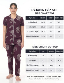 AXD-44 style | S# 4011 | Beet Red | Women’s Printed Front Open Pyjama Set | Shirt Collar Button-Down Night Suit | Short Sleeve Top & Full-Length Pants | Loungewear with Two Pockets
