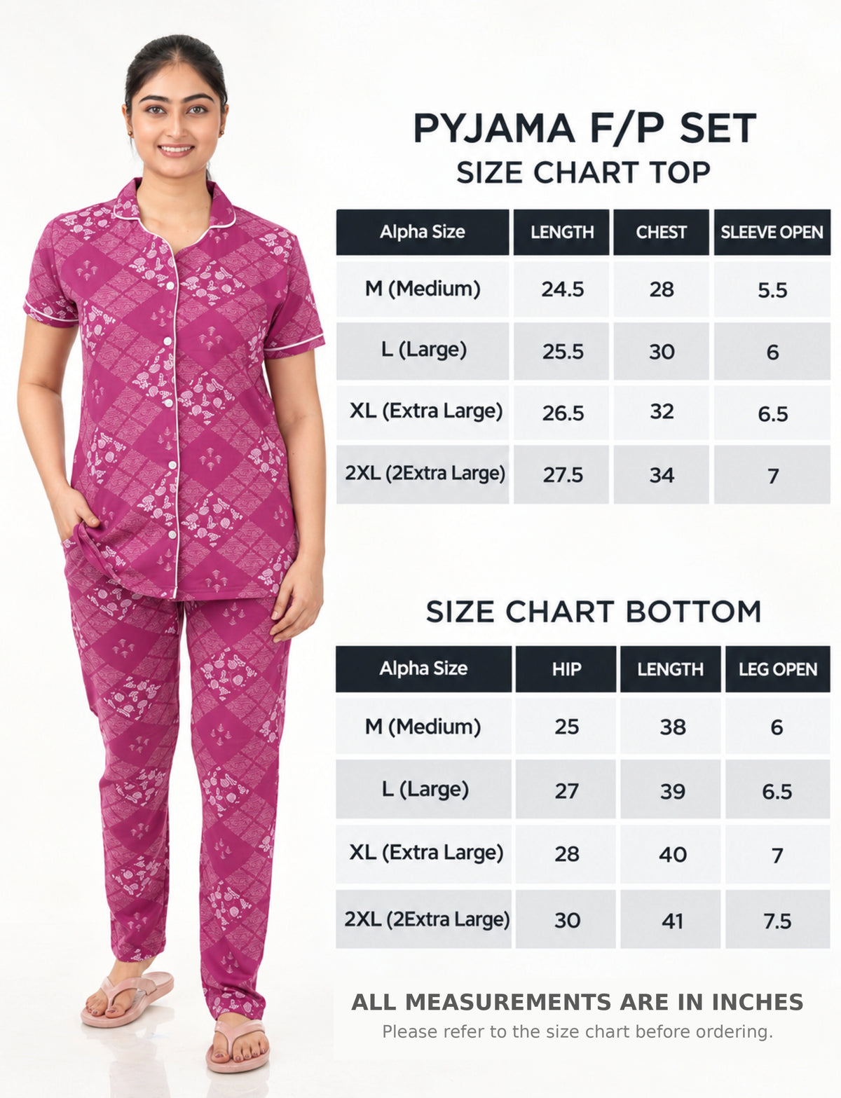 AXD-44 style | S# 4011 | Beet Red | Women’s Printed Front Open Pyjama Set | Shirt Collar Button-Down Night Suit | Short Sleeve Top & Full-Length Pants | Loungewear with Two Pockets